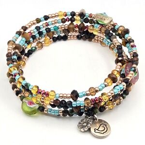 Beaded Memory Wire Wrap Bracelet Multi Strand Glass Stone Charms Bird Flower